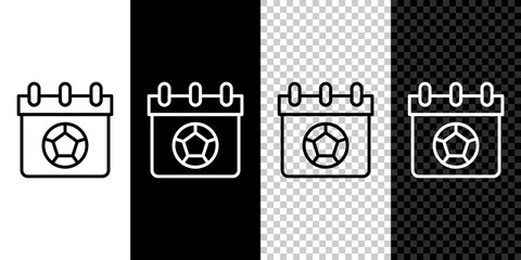 Set line Football or soccer calendar icon isolated on black and white, transparent background. Match of the day. Date football or soccer match. Vector