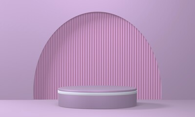 Empty minimalistic light pink podium with white rim in studio lighting. Single cylinder on a light pink background with an arch. 3d render