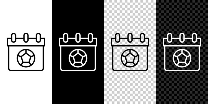 Set line Football or soccer calendar icon isolated on black and white, transparent background. Match of the day. Date football or soccer match. Vector
