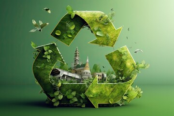 Green Recycling sign, ecology 3D concept to reduce carbon emissions 2050 ESG goals, Generative AI