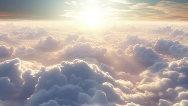 Flight above the clouds in the rays of the rising sun. 4K animation