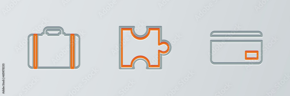 Sticker set line credit card, suitcase for travel and piece of puzzle icon. vector