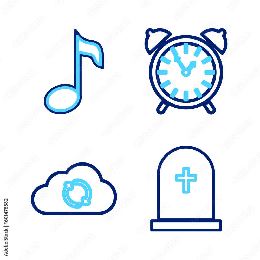 Sticker Set line Tombstone with cross, Cloud sync refresh, Alarm clock and Music note, icon. Vector