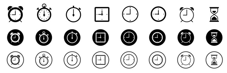 Time Icons Set: Clock, Stopwatch, Alarm Clock. Clock Icon Collection: Time Management Symbols. Alarm Clock Symbol: Time Alarm and Reminder.