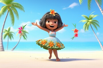 Cute Cartoon Hula Girl on a Beach with Palm Trees (Generative AI) - obrazy, fototapety, plakaty