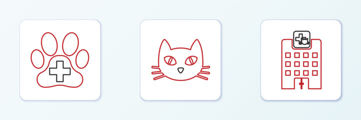 Set line Veterinary medicine hospital, clinic and Cat icon. Vector