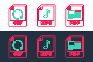 Set line PDF file document, GIF and MP3 icon. Vector