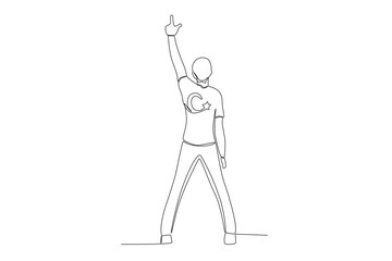 A man wearing a Turkish symbol while giving a hand pose. 15 Temmuz one-line drawing