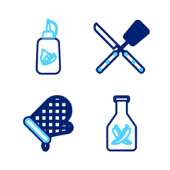 Set line Ketchup bottle, Oven glove, Crossed knife and spatula and icon. Vector