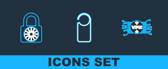 Set line VPN with microchip circuit, Safe combination lock wheel and Please do not disturb icon. Vector