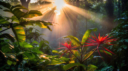 Fototapeta premium Sun rays after rain in a tropical forest. Generative AI