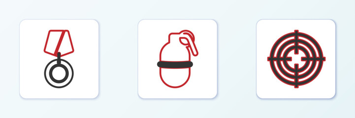 Set line Target sport, Military reward medal and Hand grenade icon. Vector