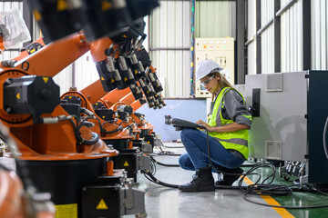 Maintenance engineer worker working with robotic machine automation