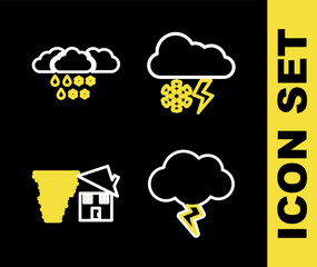 Set line Cloud with snow and lightning, Storm, Tornado swirl and rain icon. Vector