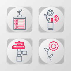 Set line Flower, Automatic irrigation sprinklers, Smart farming technology and icon. Vector