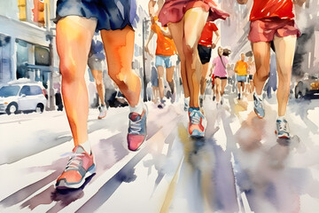 Watercolor Painting of Close-up of a Group of Runners Legs in a Road Race, Generative AI - 601478949