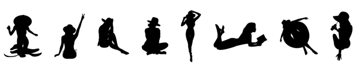 A black silhouette set of beautiful girls sitting on the beach relaxing at sea with hat and swimsuit on white background for webs posters banners 