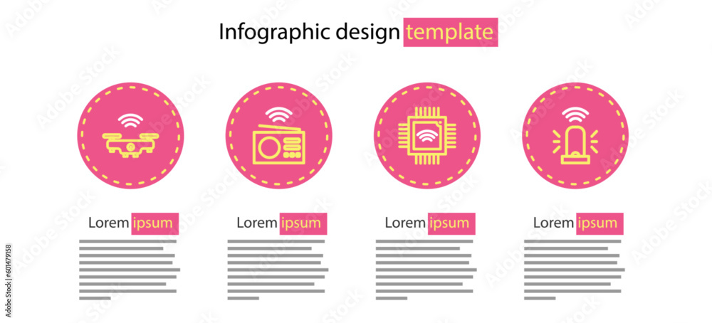 Poster set line processor with microcircuits cpu, smart flasher siren, radio and drone icon. vector