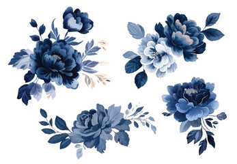Set of floral branch. Flower navy blue rose, leaves. Wedding concept with flowers. Floral poster, invite. Vector arrangements for greeting card or invitation design