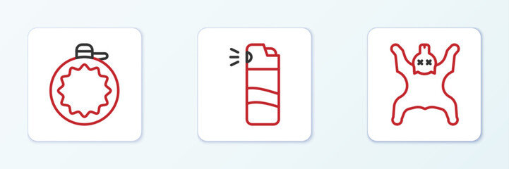 Set line Bear skin, Canteen water bottle and Pepper spray icon. Vector