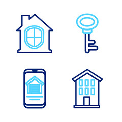 Set line House, Online real estate house, key and under protection icon. Vector