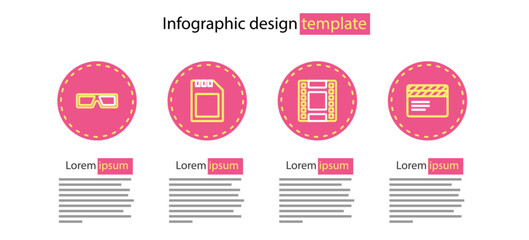 Set line Play Video, Movie clapper, SD card and 3D cinema glasses icon. Vector