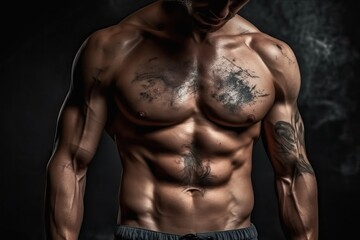 Fototapeta na wymiar Body muscle of fitness tattoo man (Ai generated)