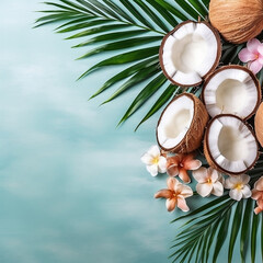 Fototapeta na wymiar Whole and sliced ​​coconuts with white, pink and orange flowers on a palm leaf. Copy space. Pastel blue background. Generative AI.