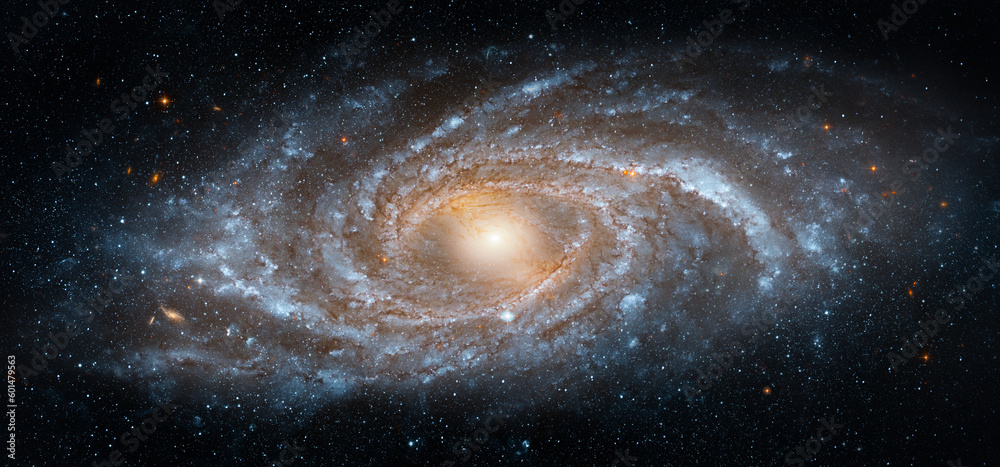 Wall mural view from space to a spiral galaxy and stars. universe filled with stars, nebula and galaxy,. elemen