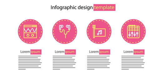 Set line Music festival flag, Sound mixer controller, Air headphones and Oscilloscope icon. Vector