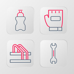 Set line Wrench spanner, Bicycle parking, Gloves and Sport bottle with water icon. Vector