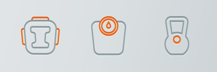 Set line Kettlebell, Boxing helmet and Bathroom scales icon. Vector