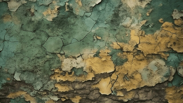 Brown green old concrete wall surface. Dark olive color. Close - up. Rough background for design. Distressed, cracked, broken, crumbled