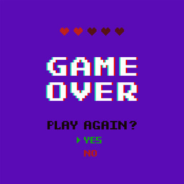 Game over glitch pixel, play again with choice yes no