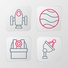 Set line Satellite dish, Astronomical observatory, Planet and Rocket ship icon. Vector
