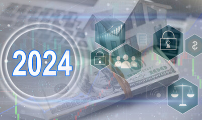 2024 grey transparent button on gray virtual touchscreen interface. New year resolutions planning concept.