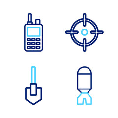 Fototapeta premium Set line Rocket launcher, Shovel, Target sport and Walkie talkie icon. Vector