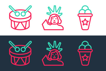 Set line Ice cream in waffle cone, Drum and drum sticks and Statue of Liberty icon. Vector
