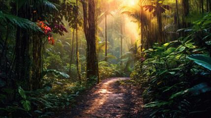 Obraz premium Sun rays after rain in a tropical forest. Generative AI