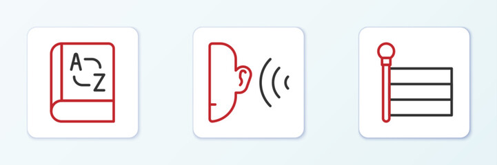 Set line Flag, Translator book and Ear listen sound signal icon. Vector