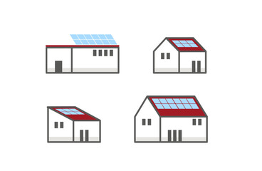 Set icons, minimalistic illustration of houses with solar system. Gable, pent, flat roof with solar panels. Isolated vector.