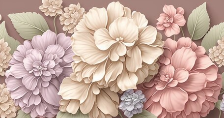 Floral art, tropical design, luxury wallpaper, 3d illustration, watercolor background. Delicate hydrangea, rose flowers in beige, pink, white pastel color. Premium mural, digital paper, Generative AI