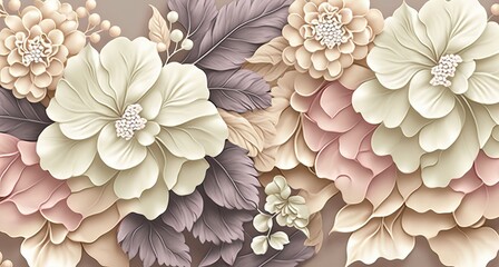 Floral art, tropical design, luxury wallpaper, 3d illustration, watercolor background. Delicate hydrangea, rose flowers in beige, pink, white pastel color. Premium mural, digital paper, Generative AI