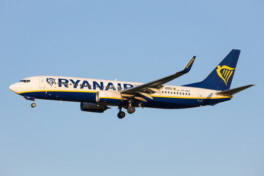 Vienna, Austria - 30 April, 2023: Boeing 737 of low cost airline Ryanair landing in Vienna with blue sky