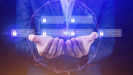 Businessman using a touching on virtual screen to Blockchain technology concept with chain of...