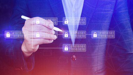 Businessman using a touching on virtual screen to Blockchain technology concept with chain of...