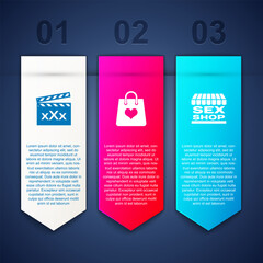 Set Movie clapper with Sex, Shopping bag heart and shop building. Business infographic template. Vector