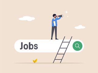 Career or job search concept. Looking for new job, employment, ind opportunity, seek for vacancy or work position. businessman climb up ladder of job search bar with binoculars to see opportunity.