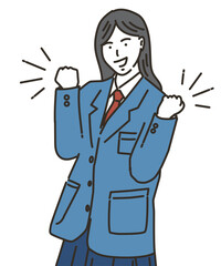 ガッツポーズをする制服を着た女子学生
