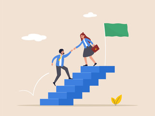 Support or help career success, mentorship. Business mentor or leadership help colleague to succeed and reach goal achieve target. Businesswoman leader help employee climb to target at top of stair.